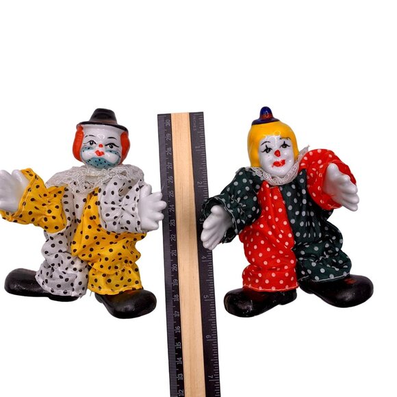 Vintage Clown Figurines Porcelain Head Hands Shoes Set Of 2 Bendable Polka Dot - Picture 10 of 10